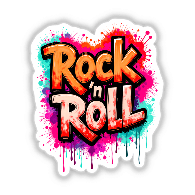 Rock 'n Roll Graffiti Art featuring dynamic paint splashes and stylized text, available as stickers or digital artwork, showcasing a unique blend of vibrant graphics and design elements.