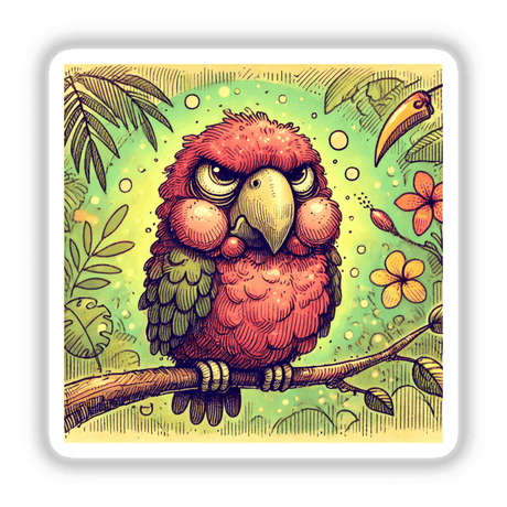 Grumpy Parrot Perched in a Tropical Jungle cartoon drawing available as stickers or digital artwork. The parrot is shown sitting on a branch, embodying a whimsical and expressive style.