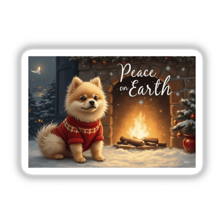 Peace on Earth Pomeranian Christmas Sticker and Clipart features a cozy Pomeranian in a sweater by the fireplace, capturing festive warmth, available with commercial rights from Decal Venue.