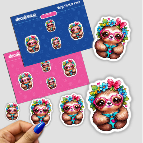 Cute sloth in heart-shaped glasses sticker featuring a cartoon sloth with pink glasses and a flower crown, perfect for decoration or digital artwork.