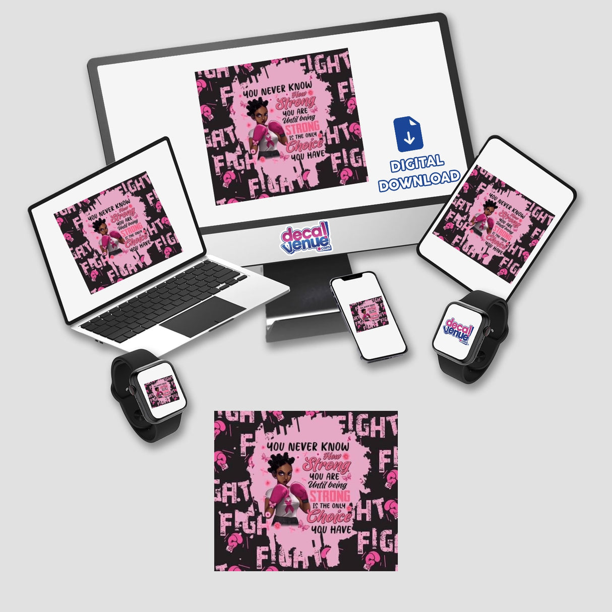 Gold Breast Cancer Series 15: A computer monitor and laptop displaying unique pink and black designs, available as stickers or digital artwork.