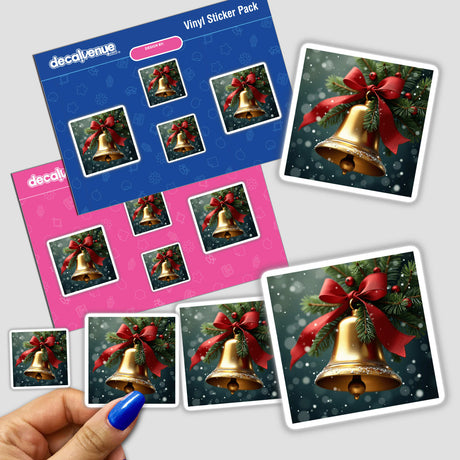 Hand with blue nail polish holding Christmas Bell Envelope Seal Stickers, featuring gold bells with red bows. Ideal for holiday cards and gifts. Available as stickers or digital artwork.