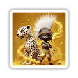 African Tribal Warrior cartoon sticker featuring a character with a white feathered headdress and gold headband, accompanied by a cheetah. Available as stickers or digital artwork.