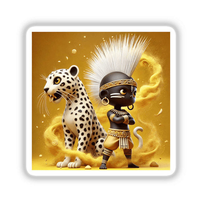 African Tribal Warrior cartoon sticker featuring a character with a white feathered headdress and gold headband, accompanied by a cheetah. Available as stickers or digital artwork.