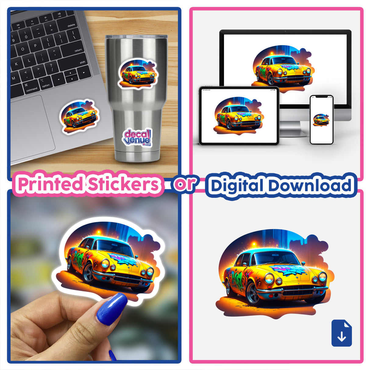 A Classic Graffiti Car sticker or digital artwork displayed on a laptop screen, showcasing a vibrant graffiti design on a car, available from Decal Venue.