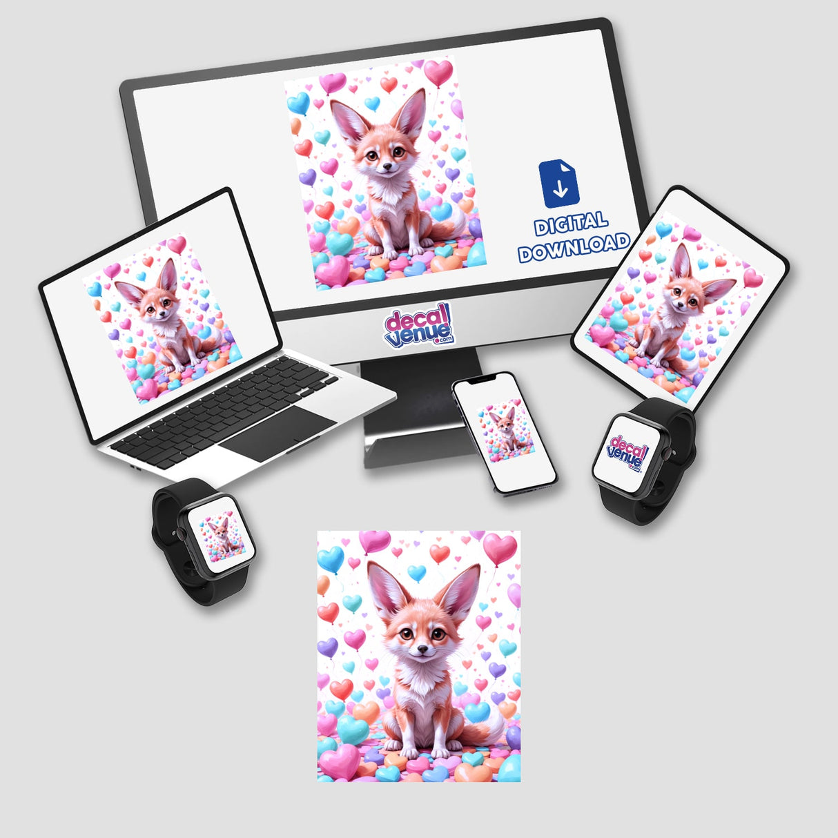 A Cute Fennec Fox With Love Hearts displayed on a computer monitor and laptop, showcasing its charm as a sticker or digital artwork, perfect for vinyl sticker enthusiasts and digital art collectors.