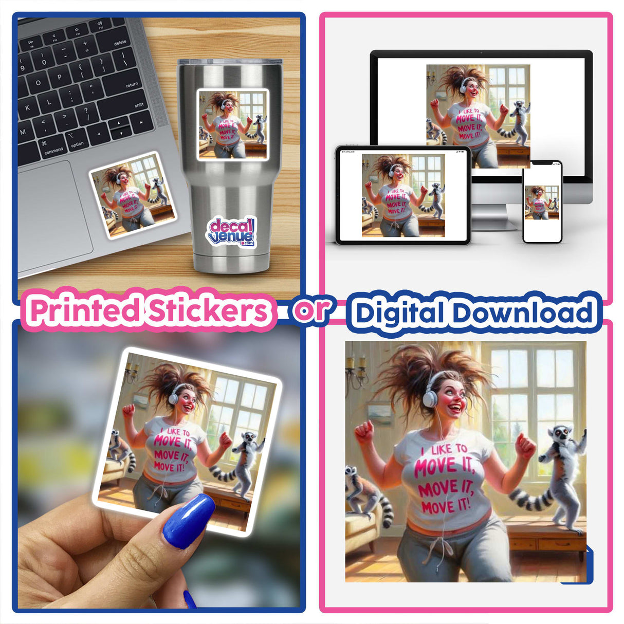 Collage featuring a woman dancing with headphones, highlighting 'Beach Body' stickers and digital artwork from Decal Venue. Includes a silver water bottle with a dancing woman illustration.