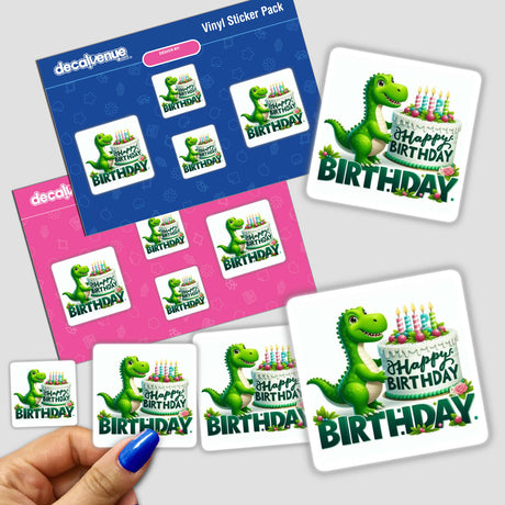 Silver Birthday Series sticker featuring a green dinosaur holding a birthday cake with candles.