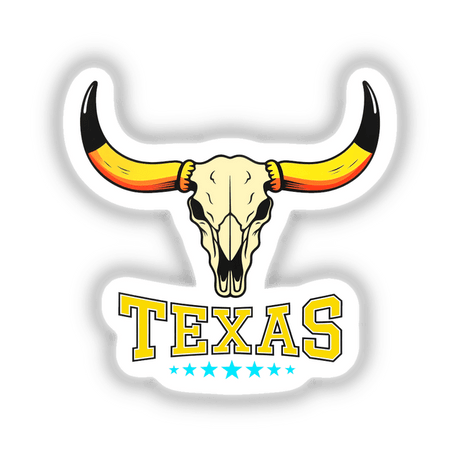 Texas USA Skull Design sticker featuring a stylized bull skull with horns and bold text, available as a unique vinyl sticker or digital artwork from Decal Venue.