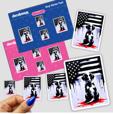 Cute puppy looks at an American flag, depicted in a sticker design. Available as unique vinyl stickers or digital artwork, ideal for fans of charming and patriotic designs.