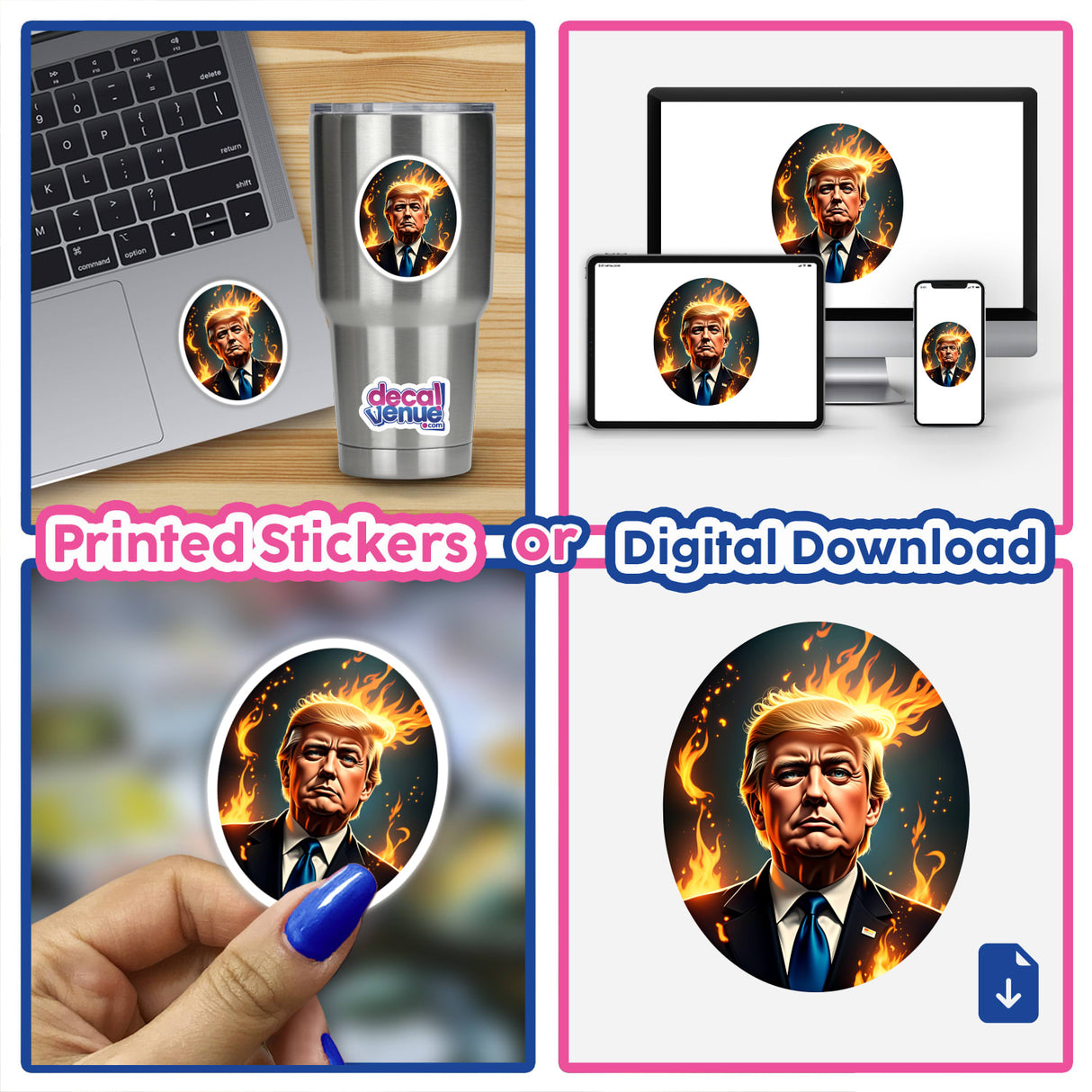 President Donald Trump digital artwork featuring a collage with a laptop and images of a man with fire on his head, available as unique stickers at Decal Venue.