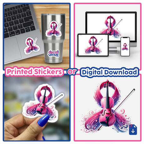 Collage featuring Violin Pink Ribbon Breast Cancer stickers, including a hand holding a sticker of a violin with a bow, perfect for supporting breast cancer awareness.