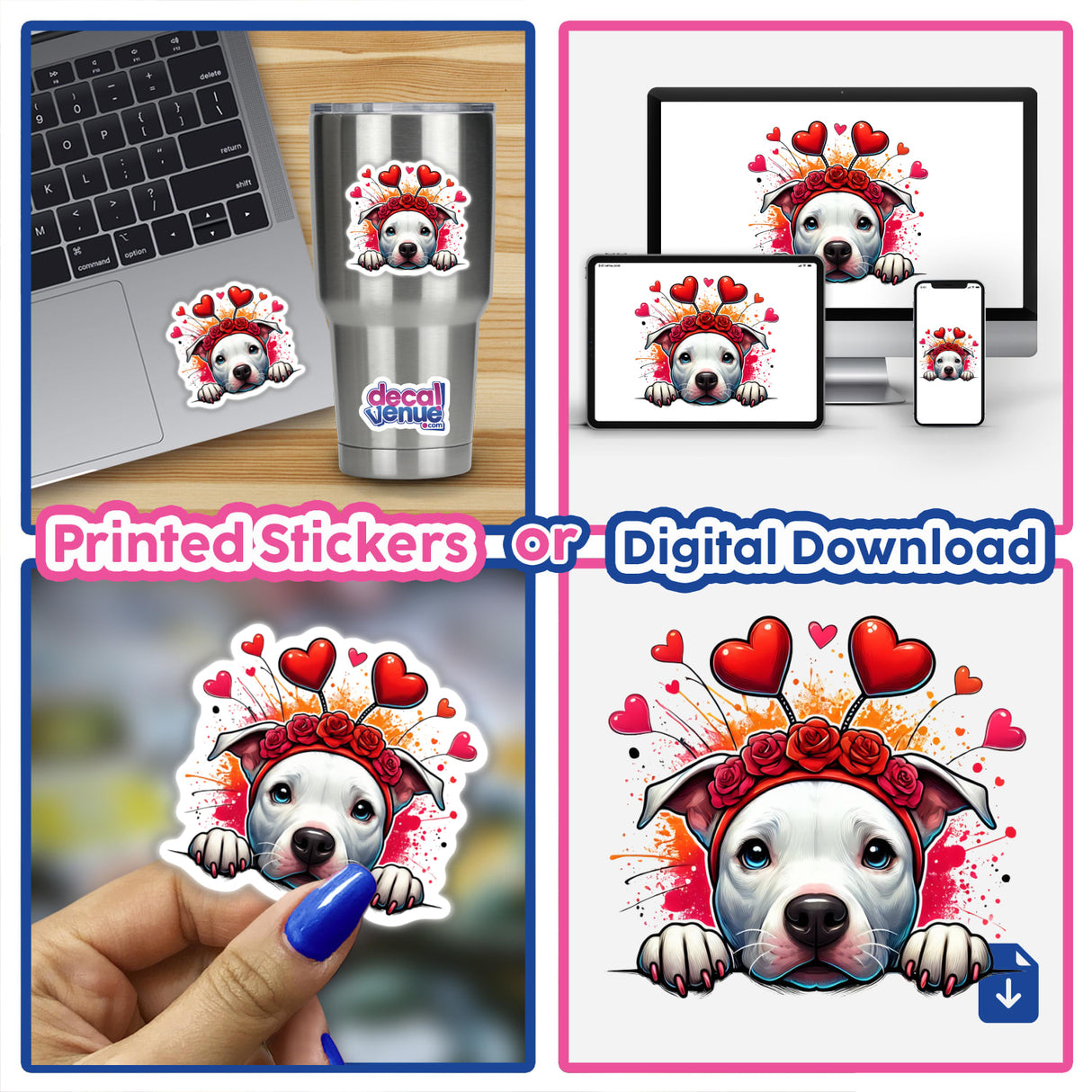 Splatter Hearts Peeking Pitbull Dog II features a cartoon dog with a flower crown and hearts on its head, available as stickers or digital artwork, perfect for laptops or cups.