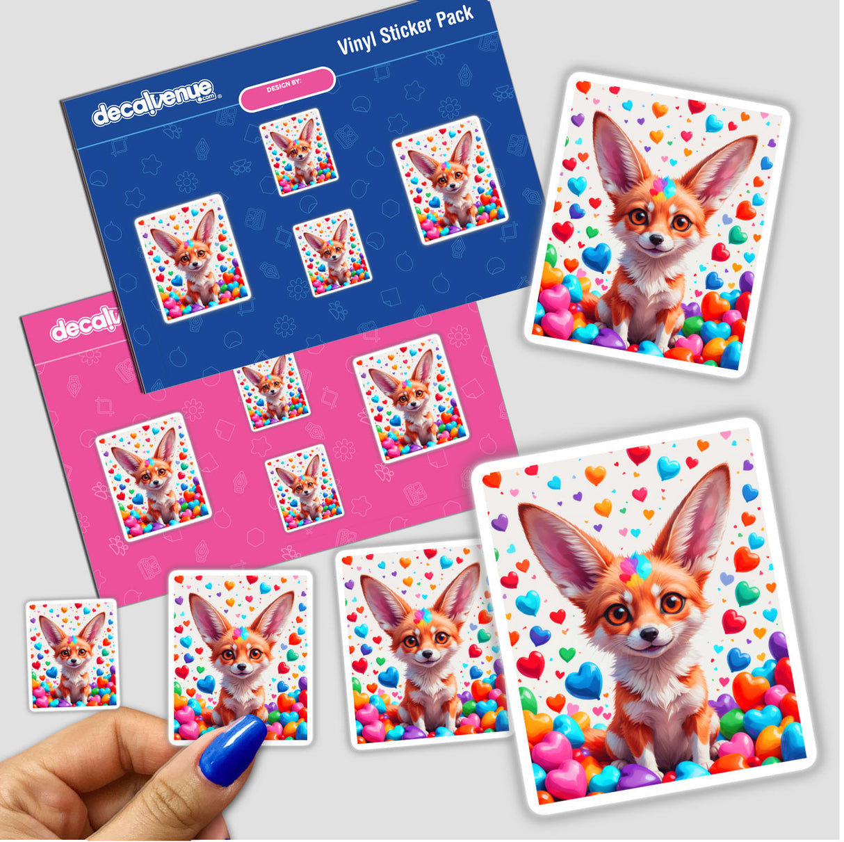 Cute Fennec Fox With Love Hearts sticker, featuring a cartoon fox surrounded by colorful hearts and balloons. Available as vinyl stickers or digital artwork from Decal Venue.