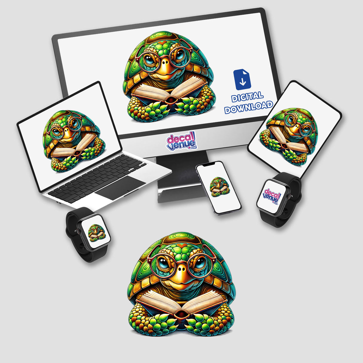 Turtle With Reading Glasses Open Book depicted on a laptop screen alongside a monitor, available as stickers or digital artwork, showcasing Decal Venue's unique vinyl sticker and digital art style.