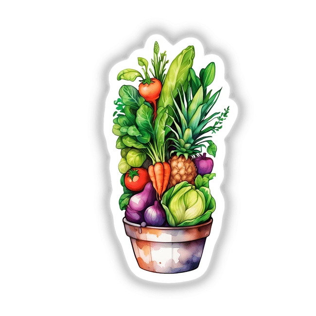 Farmers Market Vegetables Sticker | Basket of Fresh Produce Art depicting a variety of vegetables, including carrots and tomatoes, available as stickers or digital artwork, emphasizing natural foods and vegan nutrition.