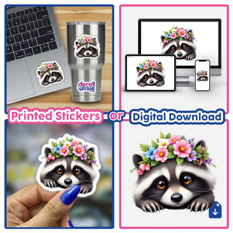 Cute Raccoon with a Colorful Flower Crown featured on stickers and digital artwork. Image shows raccoon illustrations with floral crowns, ideal for decorating laptops, cups, or personal items.