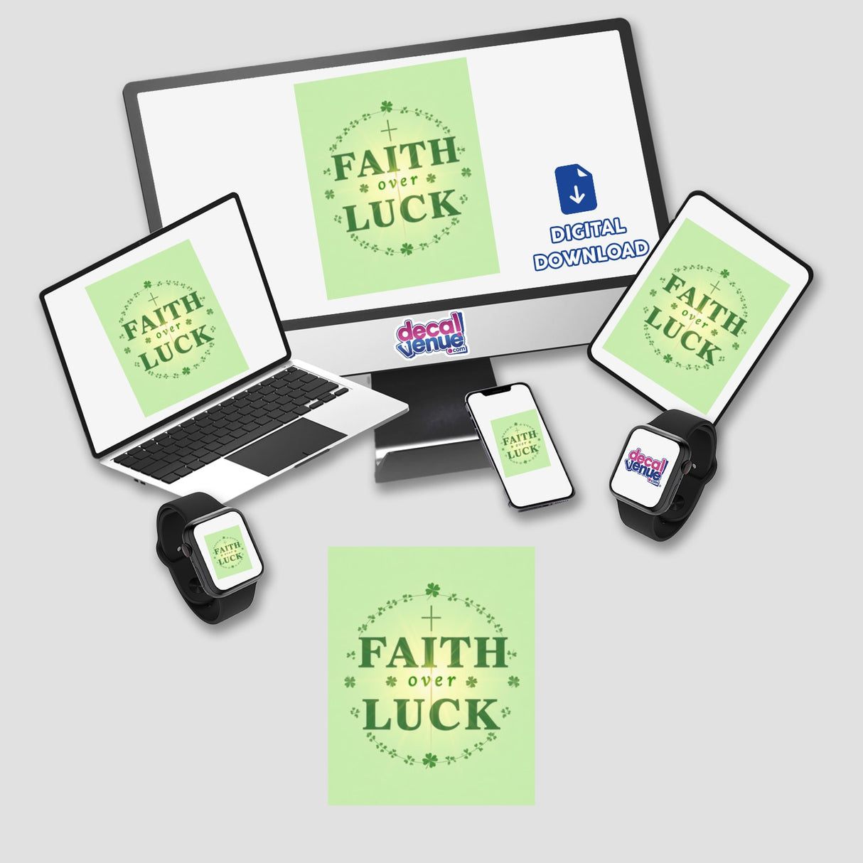 Faith Over Luck St. Patrick’s Day Sticker or Clipart, featuring a green logo with a cross and clovers, displayed on various digital devices, ideal for unique vinyl stickers or digital art usage.