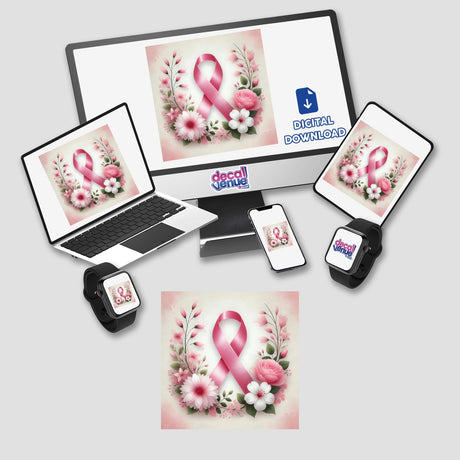 Breast Cancer Awareness - Pink Ribbon with Delicate Flowers displayed on a computer monitor and laptop screen, available as stickers or digital artwork from Decal Venue.