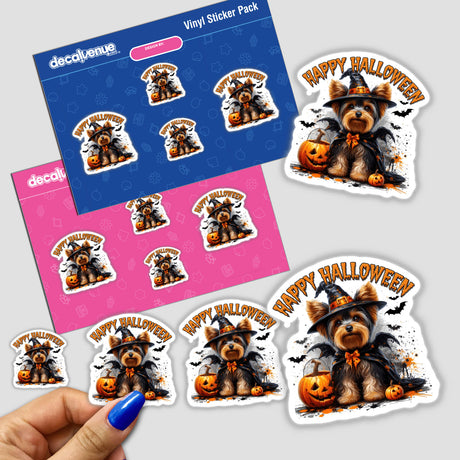 Halloween Yorkie Dog in Dracula Costume II sticker featuring a cartoon dog dressed in a cape and hat, surrounded by pumpkins, available as a unique sticker or digital artwork.