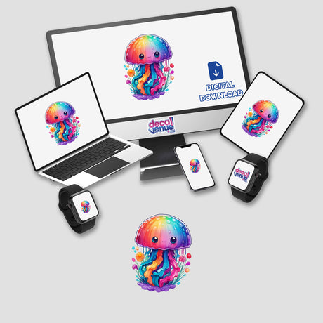 Rainbow jellyfish displayed on a computer monitor, laptop, tablet, smartphone, and smartwatch, available as stickers or digital artwork from Decal Venue.