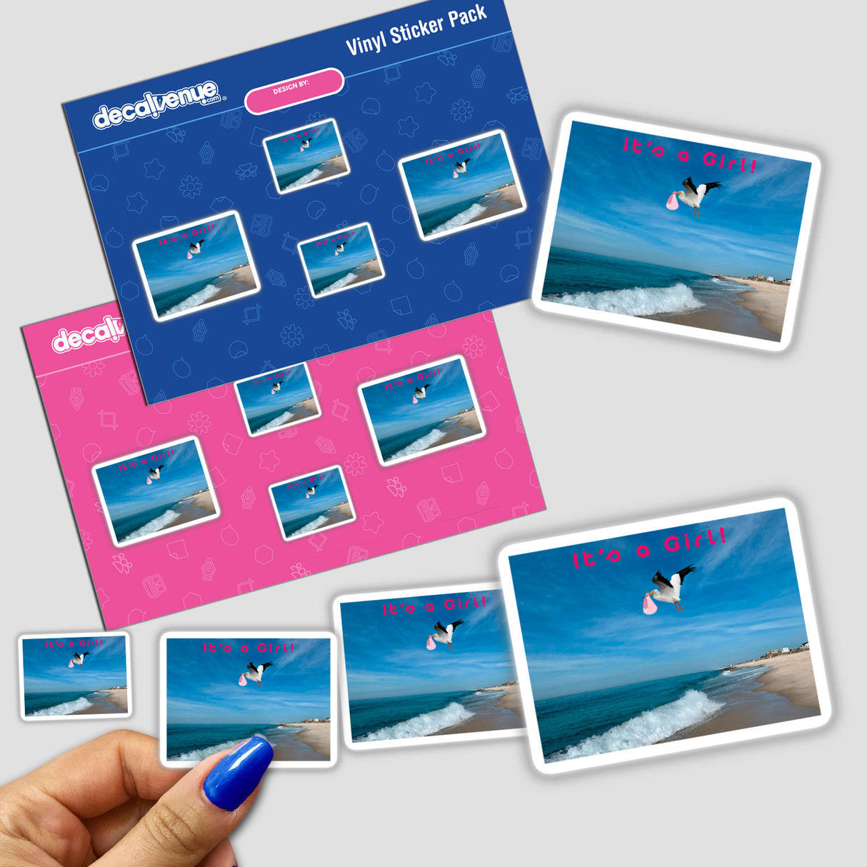 Stickers depicting a bird flying over a beach, themed for It's a Girl birth announcements and gender reveals.