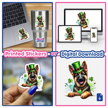 Collage featuring a laptop adorned with a St Patricks Day Irish German Shepherd sticker, depicting a cartoon dog in a green hat, available as stickers or digital artwork from Decal Venue.