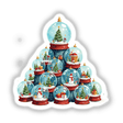 Christmas Snow Globes Stacked Pile featuring snowmen, Christmas trees, and presents inside globes. Available as stickers or digital artwork, perfect for holiday decoration from Decal Venue.