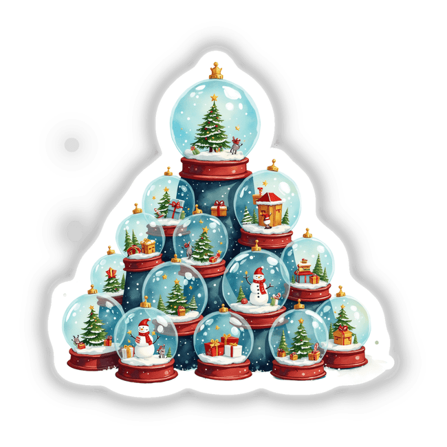 Christmas Snow Globes Stacked Pile featuring snowmen, Christmas trees, and presents inside globes. Available as stickers or digital artwork, perfect for holiday decoration from Decal Venue.