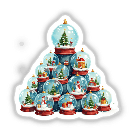 Christmas Snow Globes Stacked Pile featuring snowmen, Christmas trees, and presents inside globes. Available as stickers or digital artwork, perfect for holiday decoration from Decal Venue.