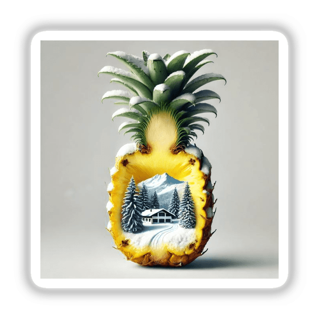 Winter Wonderland- Snow Covered Mountain Inside a Pineapple: A pineapple with a miniature house and snow-covered mountains visible through its surface, available as stickers or digital artwork from Decal Venue.