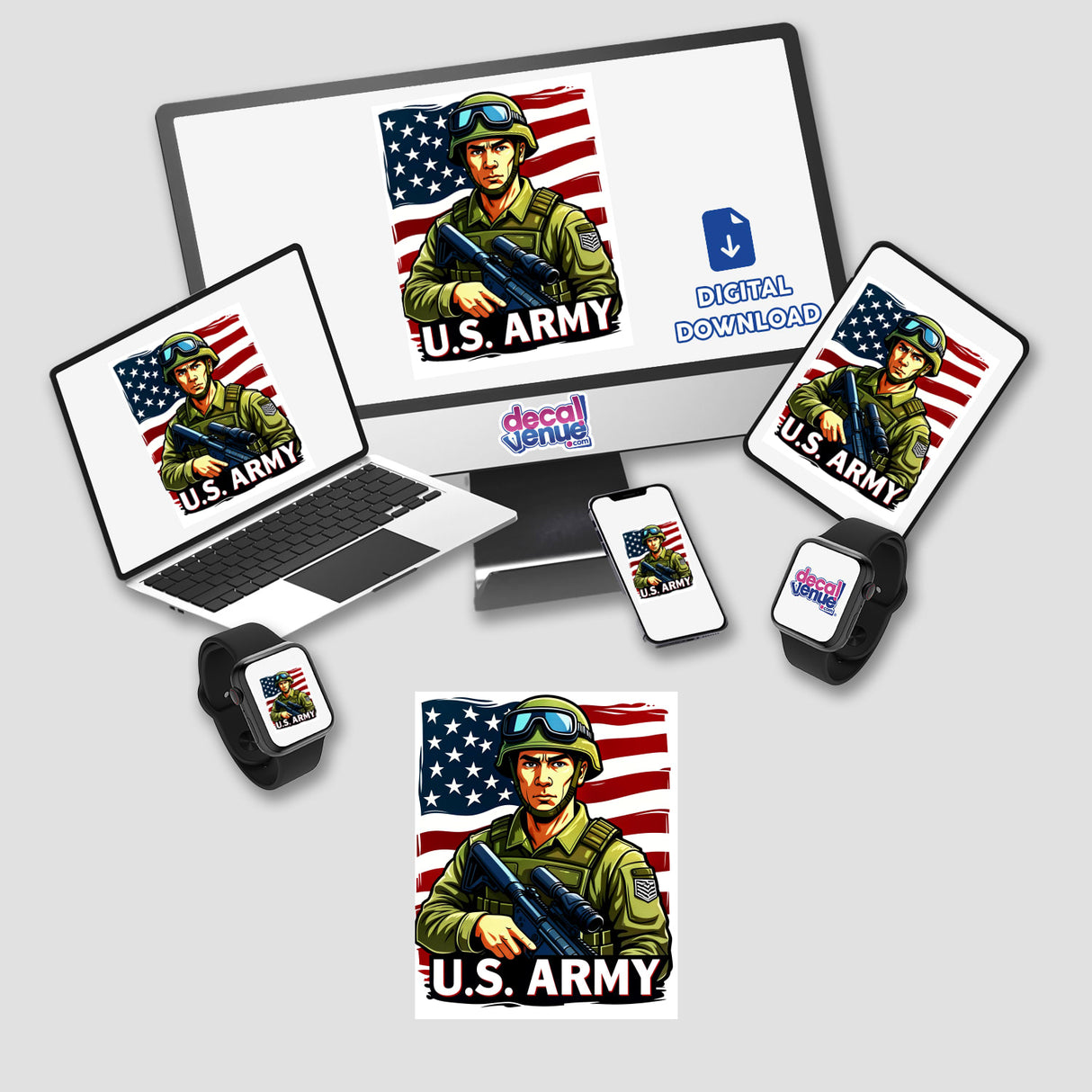 U.S. Army - American Soldier With Flag digital artwork on laptop and gadgets, featuring a soldier in uniform. Available as stickers or digital artwork at Decal Venue.