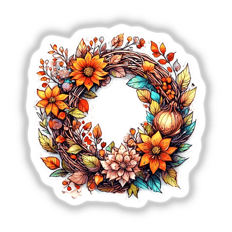 Colorful autumn wreath with vibrant flowers, leaves, and decorative elements.