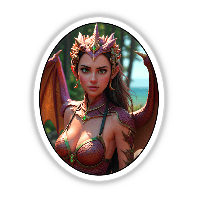 A Beautiful Fantasy Dragon Girl artwork featuring a woman adorned with a headdress, depicted in a close-up style, available as vinyl stickers or digital artwork from Decal Venue.