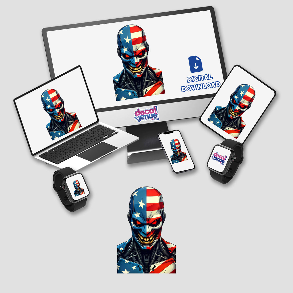 A Cool American Flag Army Cyborg depicted on a computer monitor and laptop screen, featuring a digitally rendered skull with flag elements, available as stickers or digital artwork.