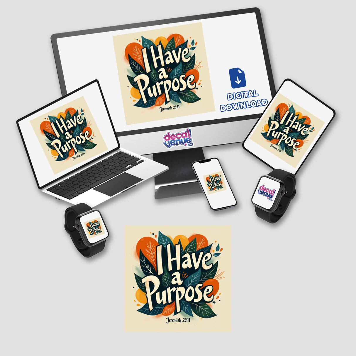 I Have a Purpose - Jeremiah 29:11 design featuring a graphic with leaves and oranges, displayed on a laptop and phone, available as a Christian faith-based sticker or clipart.