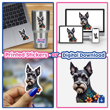 Colorful digital illustration of a Schnauzer dog with a vibrant, floral pattern, available as printed stickers or a digital download from Decal Venue, an online store offering unique stickers and digital art created by talented designers.