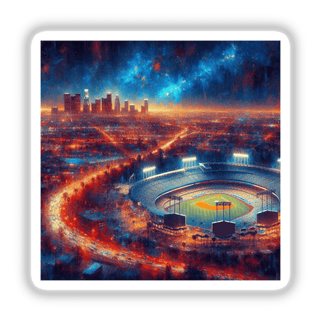 Dodger Stadium with illuminated lights against a city skyline, available as a sticker or digital artwork, capturing the vibrant essence of a baseball stadium scene.