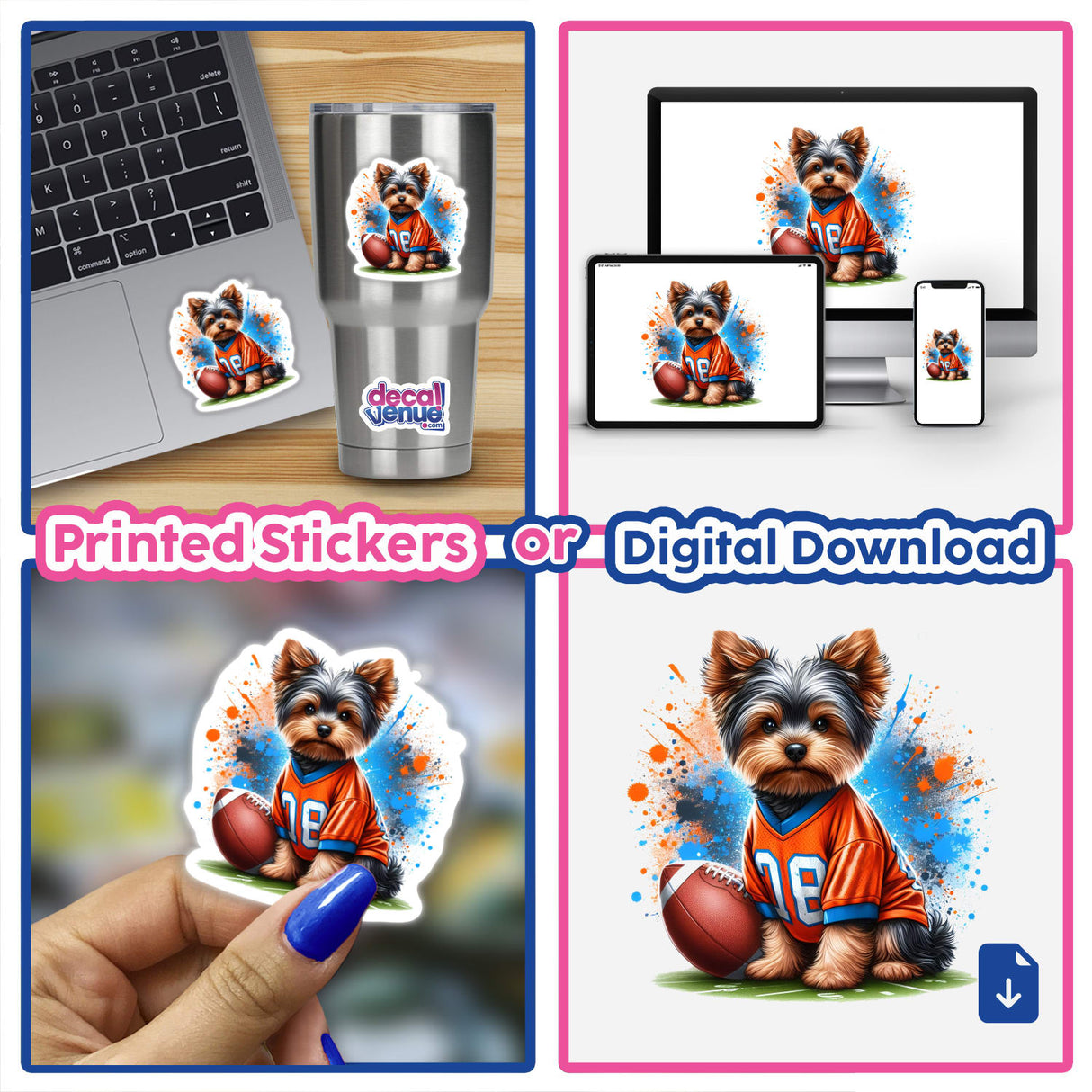 Yorkie Dog in Orange and Blue Football Jersey sticker displayed on a laptop, featuring a playful cartoon-style design. Available as Stickers or Digital Artwork.