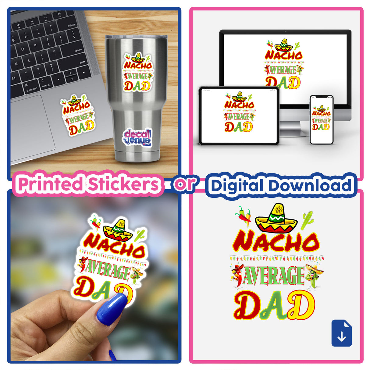 Collage of Cinco de Mayo Dad stickers and digital artwork, featuring designs suitable for laptops or personal items, reflecting Decal Venue's unique vinyl sticker and digital art offerings.