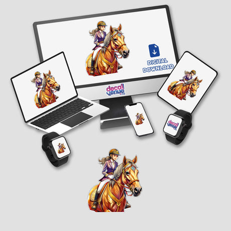 Equestrian rider in colorful attire riding a chestnut horse, digital artwork available for download from Decal Venue store.