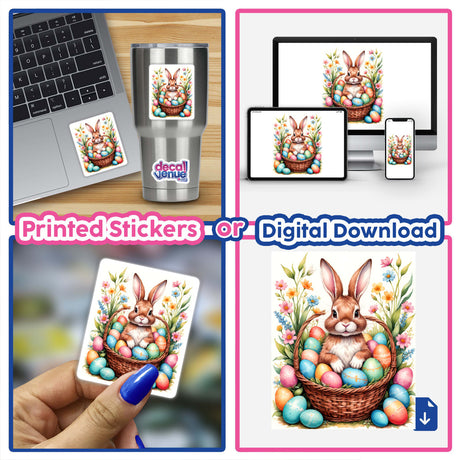 A collage featuring A Cute Easter Bunny In A Basket With Eggs, showcasing the artwork as both a sticker and digital piece, highlighting the unique design available from Decal Venue.