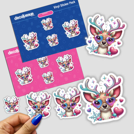 Rainbow Glittered Reindeer stickers featuring cartoon deer with heart-shaped sunglasses, captured in various playful poses. Available as physical stickers or digital artwork from Decal Venue.