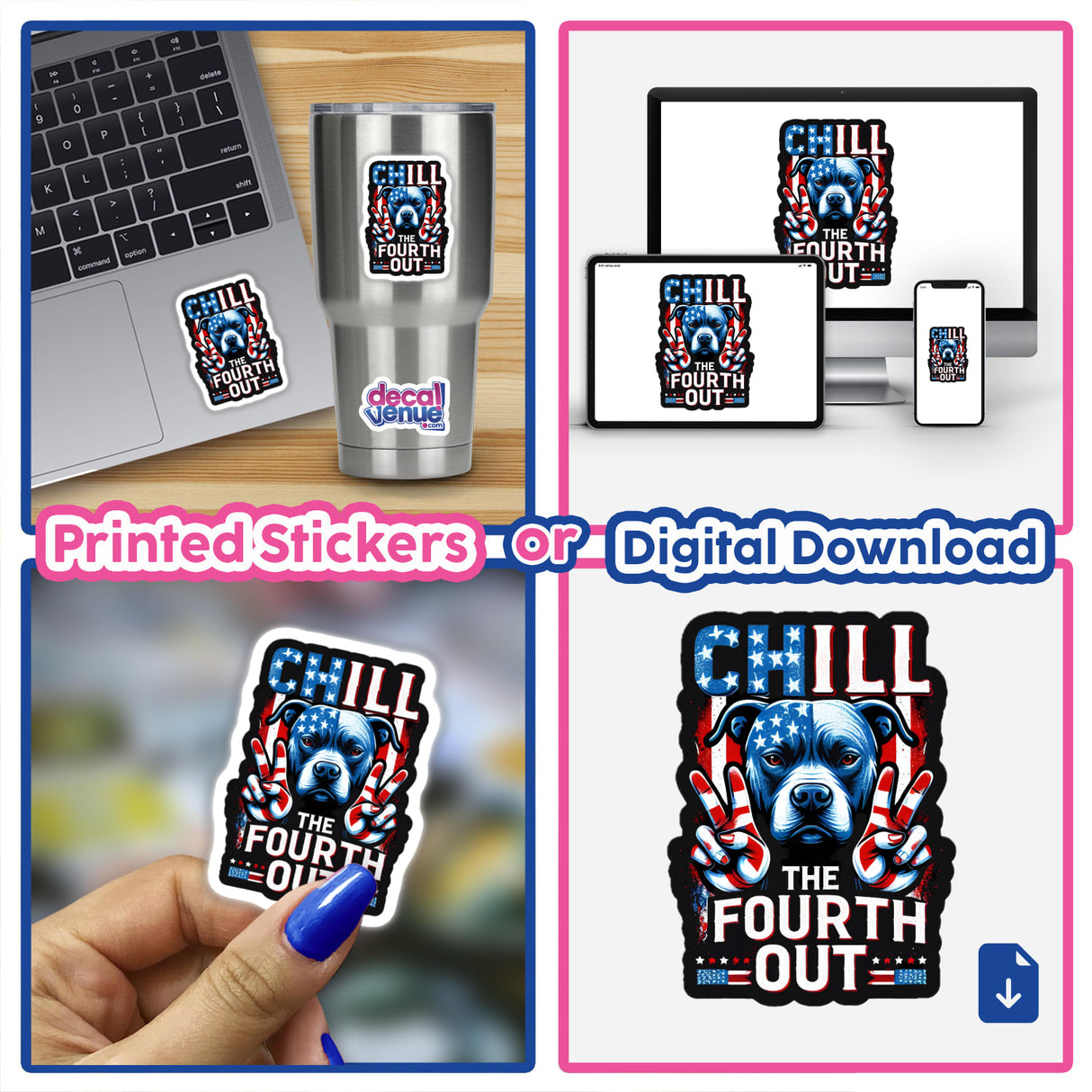 Patriotic Pitbull Dog Digital Artwork - Chill the Fourth Out Sticker on Laptop, Tumbler, and Smartphone