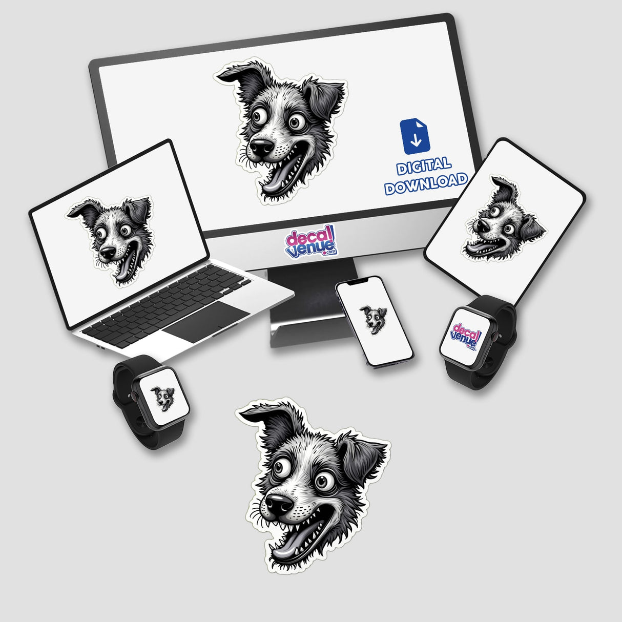 Mil e um Dentes cartoon dog face displayed on computer monitor and laptop, available as stickers or digital artwork.