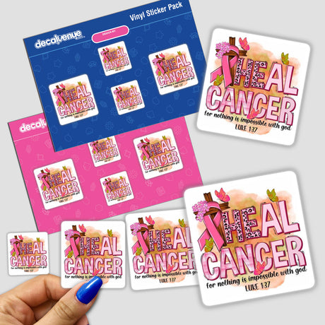 Gold Breast Cancer Series 3 sticker featuring pink writing and a pink ribbon, showcased on a blue surface.