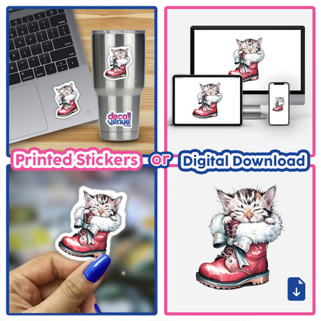 Watercolor Christmas Kitten in Santa Boot sticker featuring a charming cartoon kitten nestled in a red boot, available as a sticker or digital artwork, ideal for laptops or mugs.