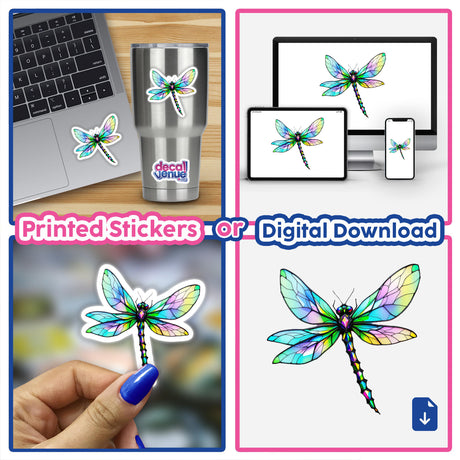 Dragonfly Stained Glass Style sticker collage featuring vibrant dragonfly designs on a laptop and stainless steel cup, showcasing Decal Venue's unique stickers and digital art offerings.