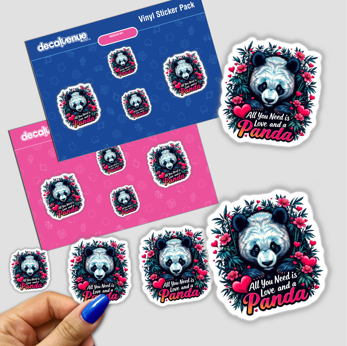 Panda Love sticker featuring a playful panda surrounded by plants and hearts, held by a hand. Available as a unique vinyl sticker or digital artwork from Decal Venue.