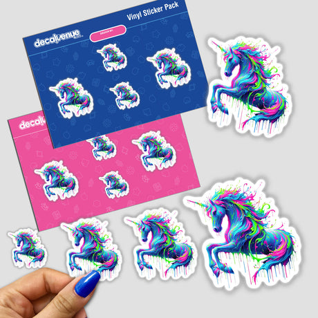 Psychedelic Drip Unicorn - Vibrant Fluid Fantasy sticker pack featuring unicorn designs, including rainbow paint splashes, showcased with a hand for scale. Available as stickers or digital artwork.